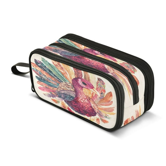 ALAZA Bohomia Turkey with Feather Pencil Case Bag 3 Compartment Pen Pouch Large Storage Holder Box Organizer