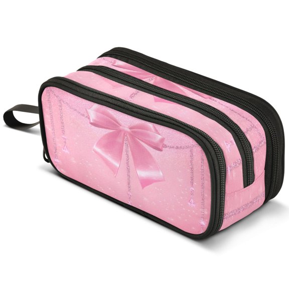 ALAZA Bow Glitter Pencil Case Bag Large 3 Compartment Pen Pouch Holder Box Storage Organizer
