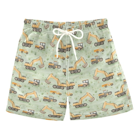 ALAZA Boys Swim Trunks Cartoon Excavator Trucks Beach Board Shorts Swimsuit Toddler Kid Teen M