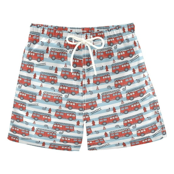 ALAZA Boys Swim Trunks Cartoon Fire Truck Beach Board Shorts Swimsuit Toddler Kid Teen 2T