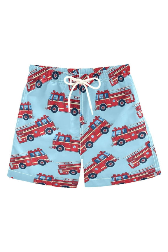 Boys Swim Trunks Cartoon Fire Trucks Beach Board Shorts Drawstring Swimsuit 3T