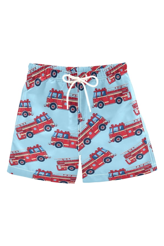 Boys Swim Trunks Cartoon Fire Trucks Beach Board Shorts Drawstring Swimsuit L