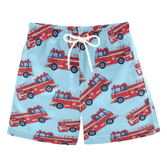 ALAZA Boys Swim Trunks Cartoon Fire Trucks Beach Board Shorts Drawstring Swimsuit L
