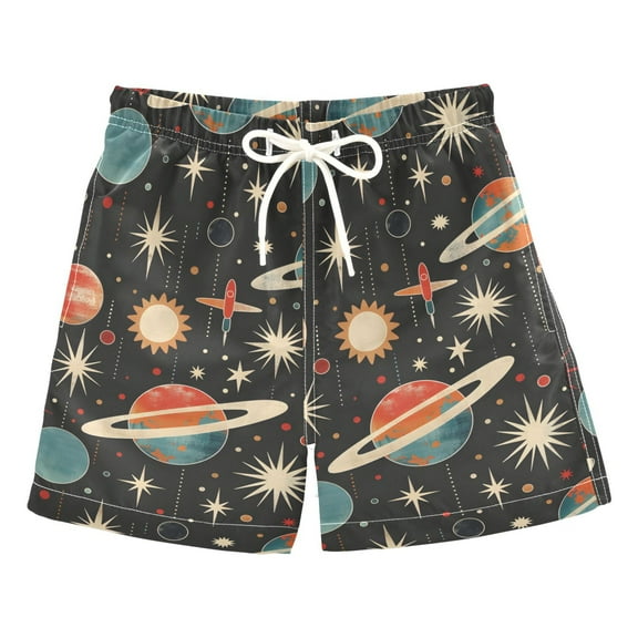 ALAZA Boys Swim Trunks Retro Space Planets Rockets Beach Board Shorts Drawstring Swimsuit L
