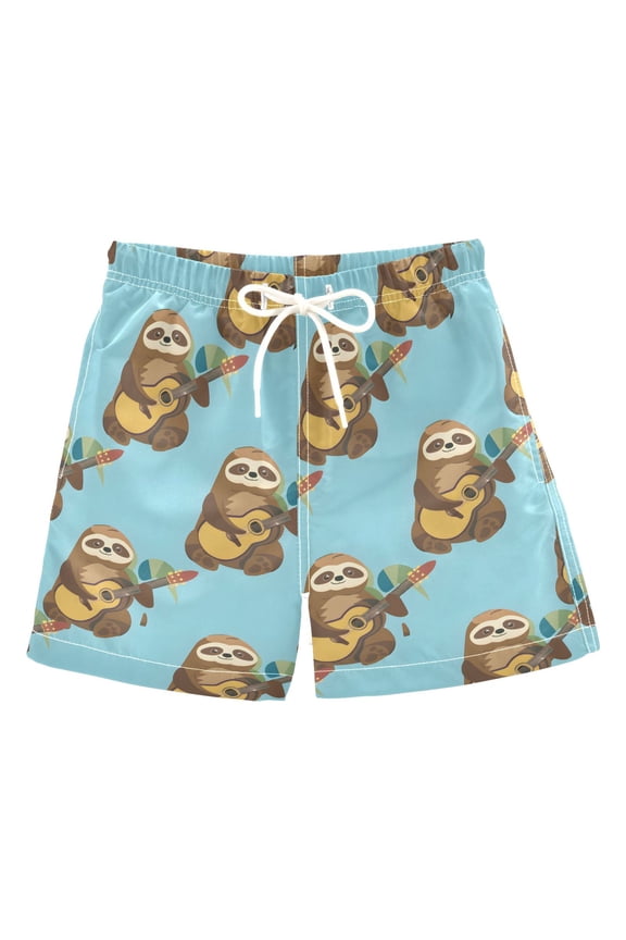 Boys Swim Trunks Sloth and Guitar Beach Board Shorts Drawstring Swimsuit XS