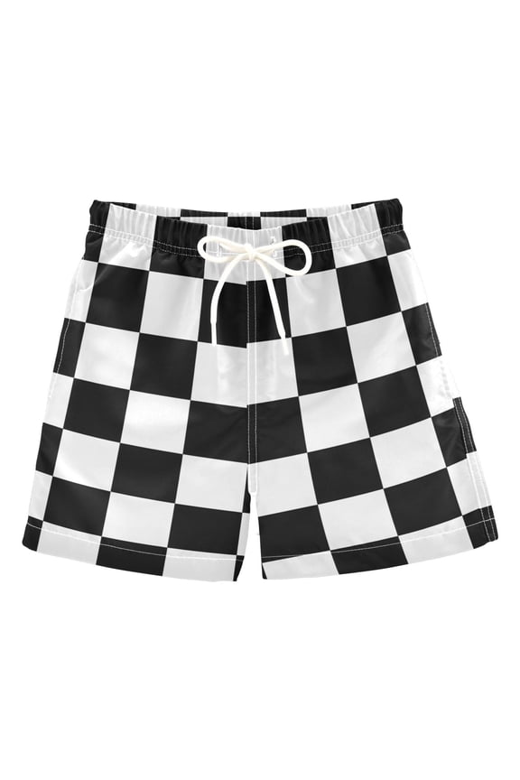 Boys Swim Trunks White and Black Checkered Grid Art Pattern Beach Board Shorts Drawstring Swimsuit 5T