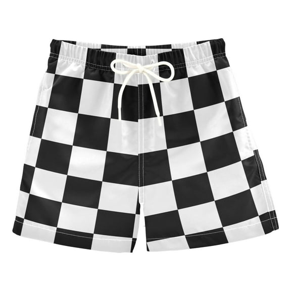 ALAZA Boys Swim Trunks White and Black Checkered Grid Art Pattern Beach Board Shorts Drawstring Swimsuit S