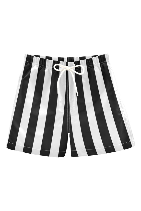 Boys Swim Trunks White and Black Stripe Pattern Beach Board Shorts Drawstring Swimsuit 4T