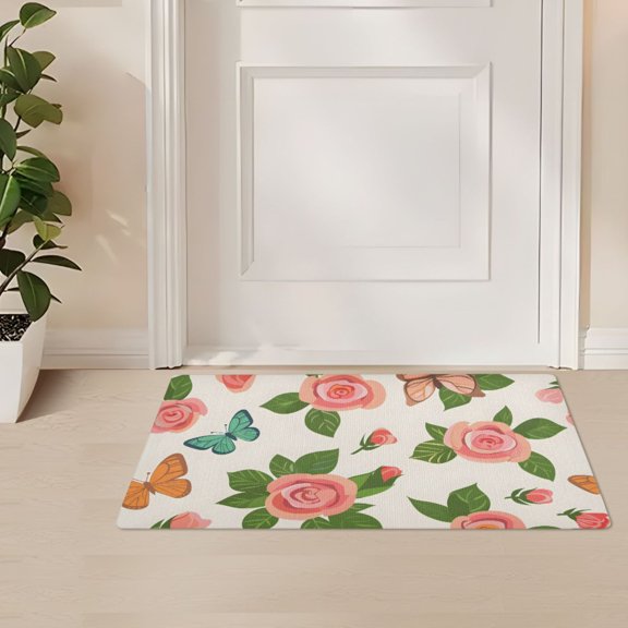 ALAZA Butterfly Flying in Roses Flowers Door Mat Outdoor Indoor Entrance Low Profile Floor Rugs 32"x20"