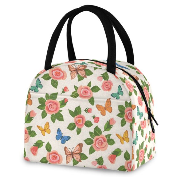 ALAZA Butterfly Flying in Roses Flowers Insulated Lunch Box Reusable Cooler Tote Bag Work Office Picnic