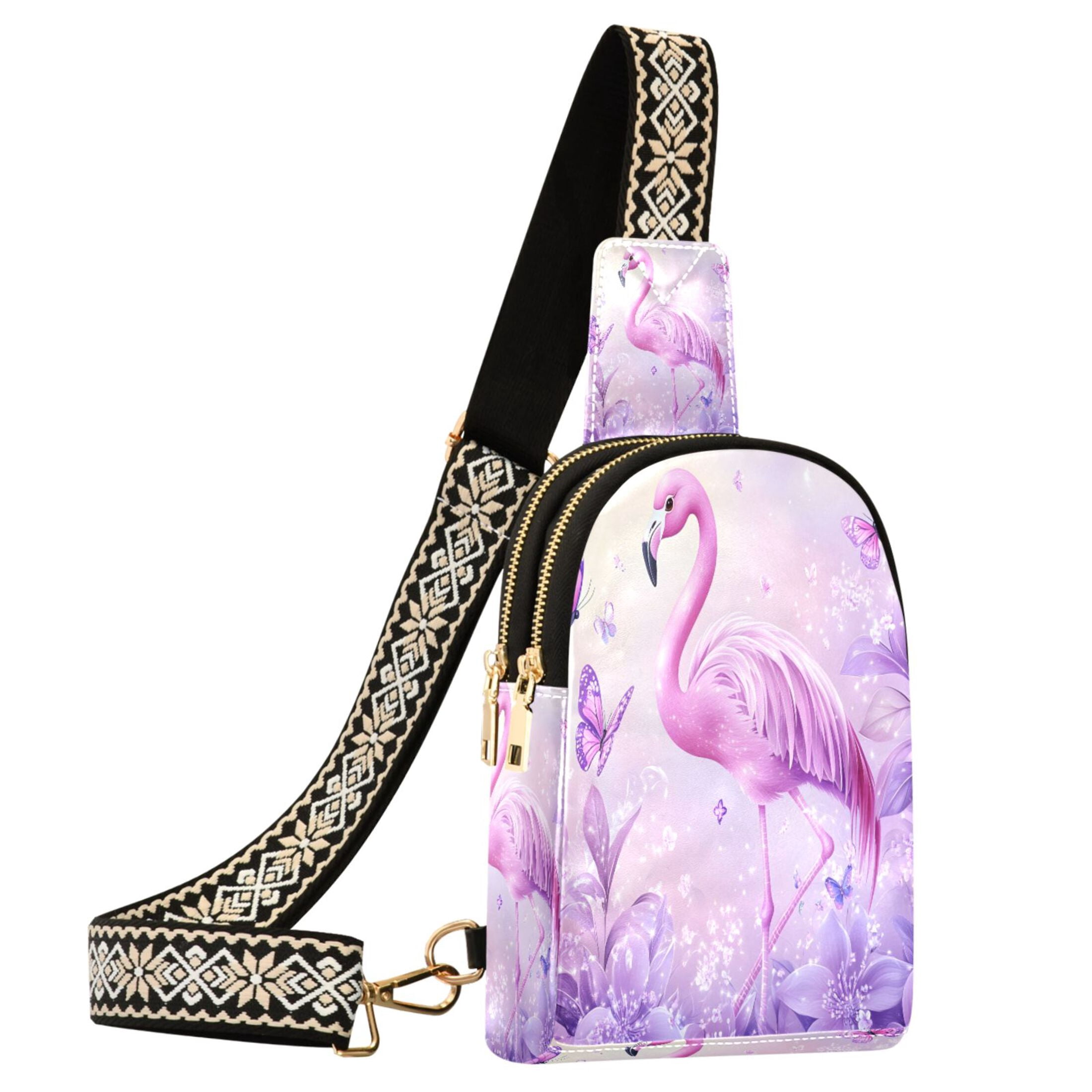 ALAZA Butterfly Glitter Flamingo Sling Bag for Women Men Waterproof Crossbody Chest Bags