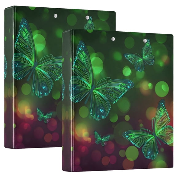 ALAZA Butterfly Glitter Green Hardcover 3 Ring Binder 1.5" D-Rings with Interior Pockets Binders School 2 PCs