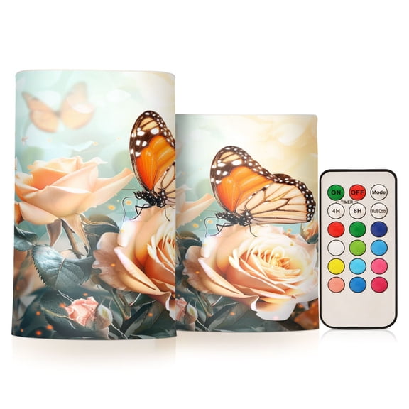 ALAZA Butterfly Rose Flower Sunshine 2 PCs LED Flickering Flameless Candles with Remote Timer Battery Operated Candle