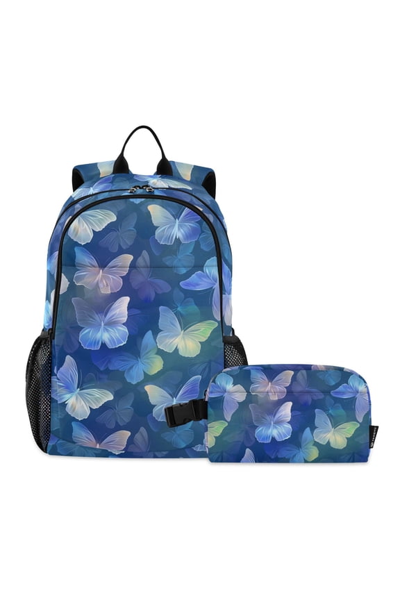 Butterfly Shiny Blue School Backpack Lunch Box Set Student Bookbag