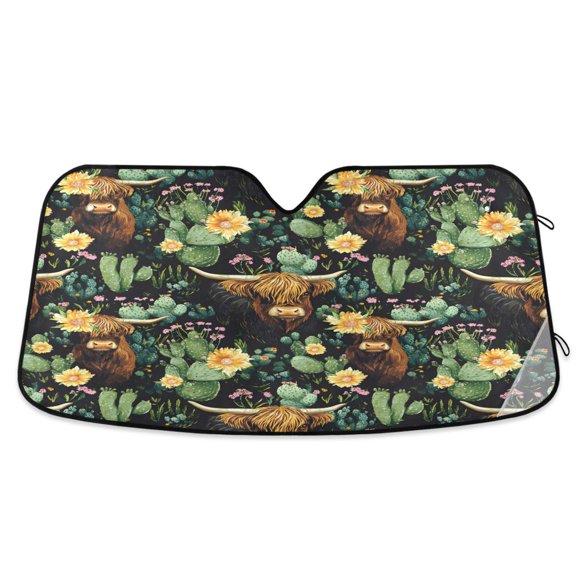 ALAZA Cactus Highland Cattle Windshield Sun Shade Car Foldable Sun Visor Block UV Rays Protector 55"x27.6"