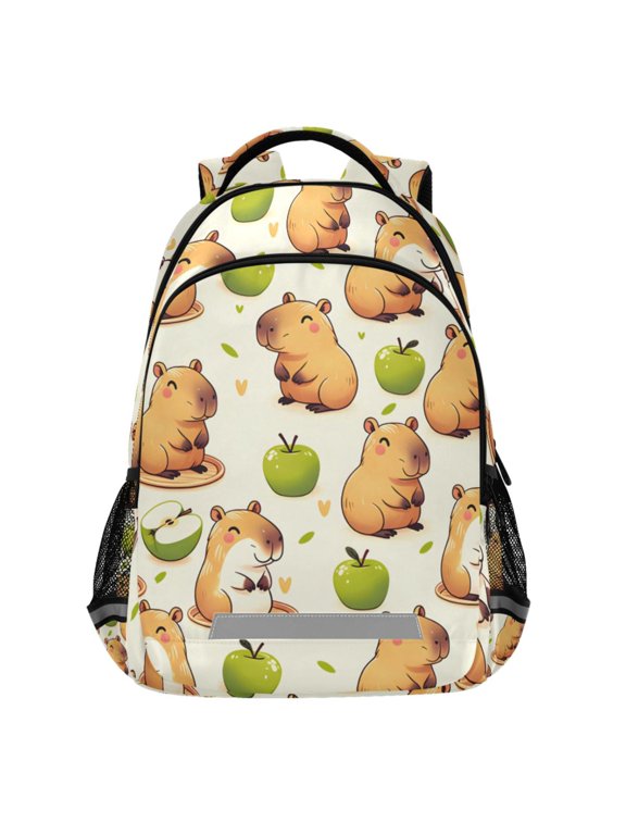 Capybara Green Apples Pattern Backpack Elementary School Bags Student Bookbag Travel Rucksack