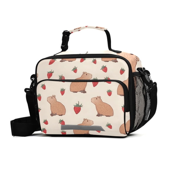 ALAZA Capybara Strawberry Pattern Lunch Box Insulated Cooler Bag Reusable Tote Bags Shoulder Strap