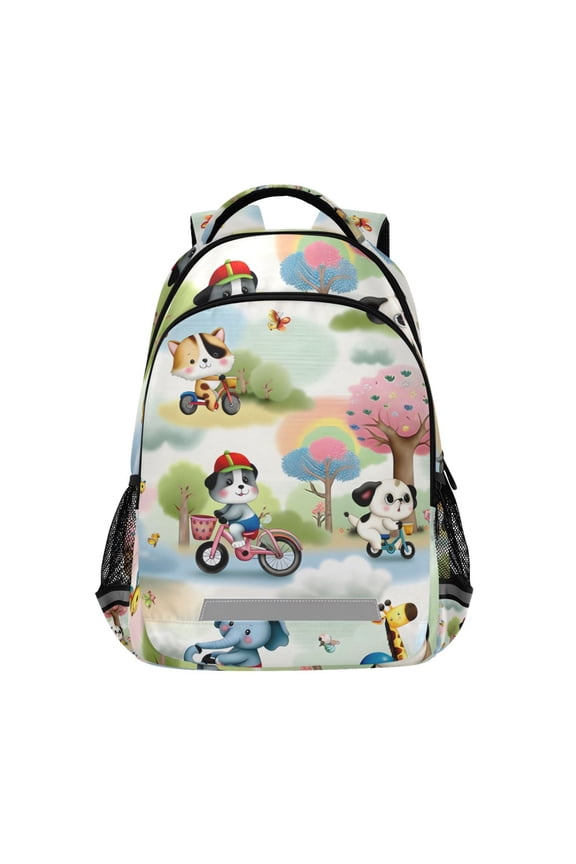 Cartoon Animals Riding Bicycle Backpack Elementary School Bag Bookbag Travel Rucksack