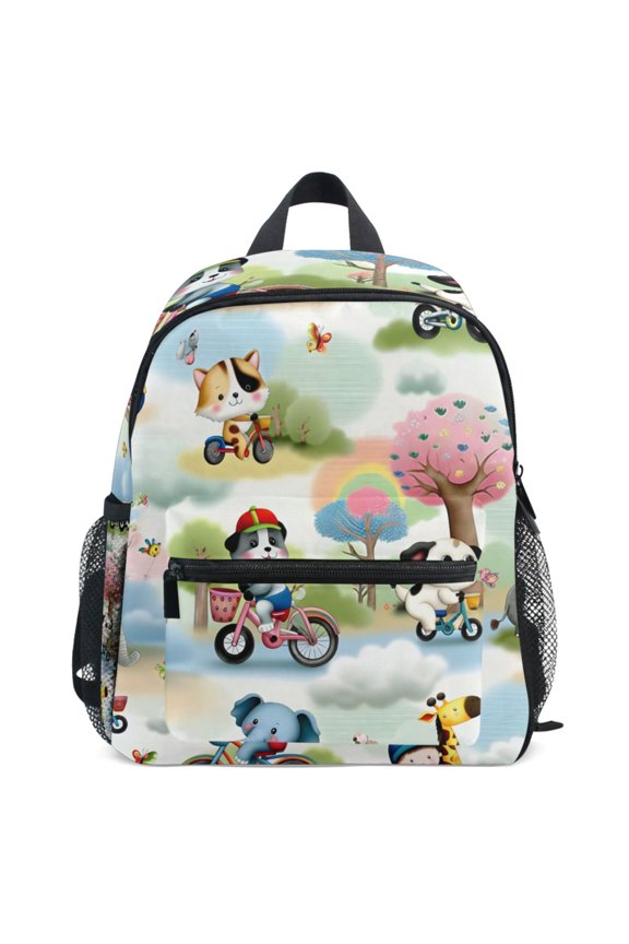 Cartoon Animals Riding Bicycle Pattern School Backpack Student Bookbag Mini Bag