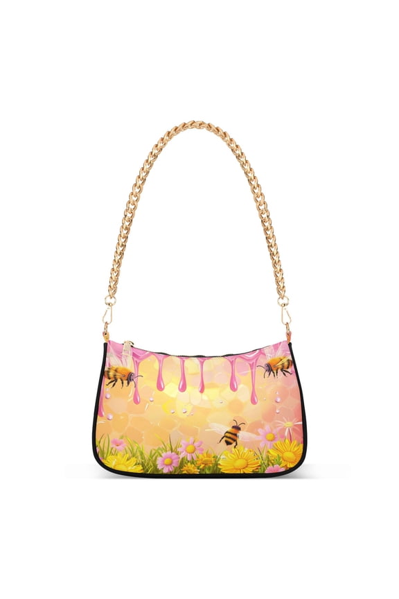 Cartoon Bees and Flowers Women's Chain Shoulder Bag Hobo Handbag Tote Crossbody Purse
