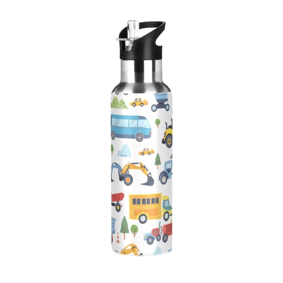 ALAZA Cartoon Car Bus Truck Engineering Vehicle Water Bottle Insulated Flask Stainless Steel Straw Lid 20 oz