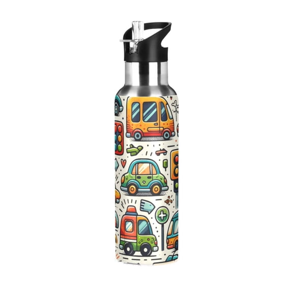 ALAZA Cartoon Cars Water Bottle Insulated Flask Stainless Steel Straw Lid 20 oz