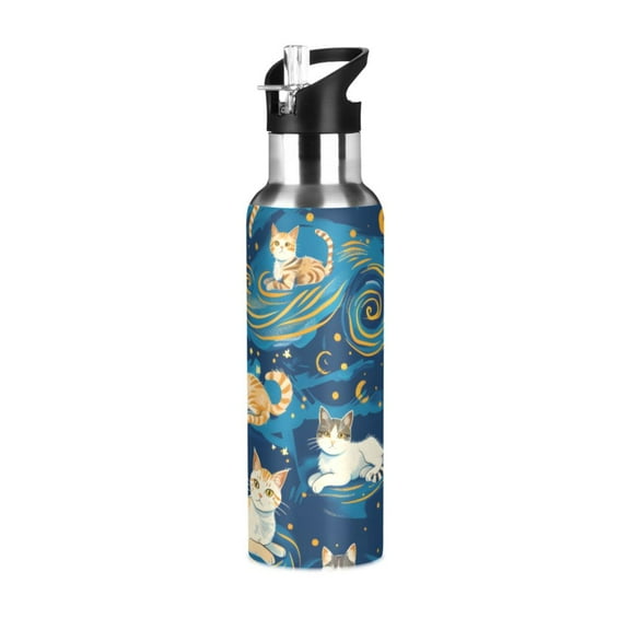 ALAZA Cartoon Cat Starry Night Water Bottle Insulated Flask Stainless Steel Straw Lid 20 oz