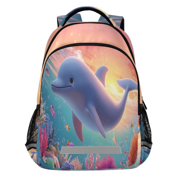 ALAZA Cartoon Dolphin Coral Sunset Pattern Backpack Elementary School Bags Student Bookbag Travel Rucksack