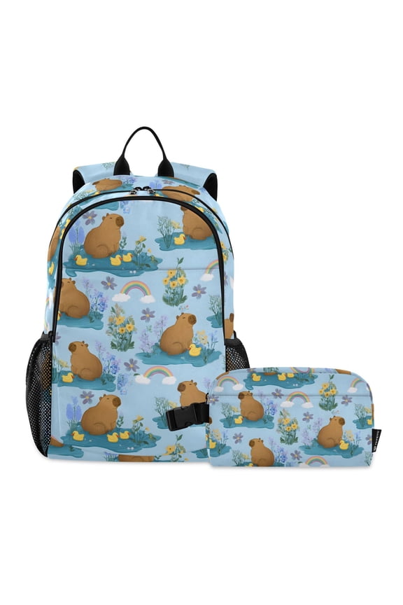 Cartoon Duck Capybaras School Backpack Lunch Box Set Student Bookbag