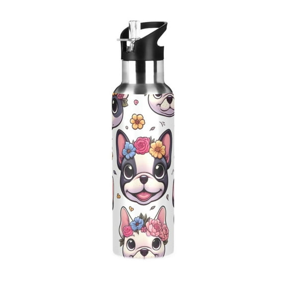 ALAZA Cartoon French Bulldogs Flowers Water Bottle Insulated Flask Stainless Steel Straw Lid 20 oz