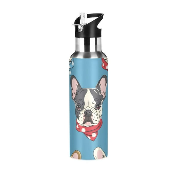 ALAZA Cartoon French Puppy Bulldog Water Bottle Insulated Flask Stainless Steel Straw Lid 20 oz