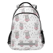 ALAZA Cartoon Hippo in Rain Pattern Backpack Elementary School Bags Student Bookbag Travel Rucksack