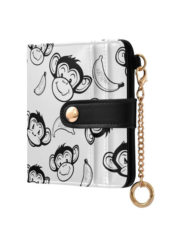 Cartoon Monkey Banana-1 Pattern RFID Blocking Bifold Wallet Women Compact Card Holder with ID Window Zipper Coin Pocket