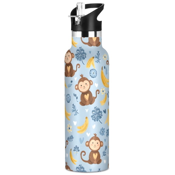 ALAZA Cartoon Monkey Bananas Pattern Stainless Steel Water Bottle Vacuum Insulated Leak-Proof Tumbler with Straw Handle 20oz