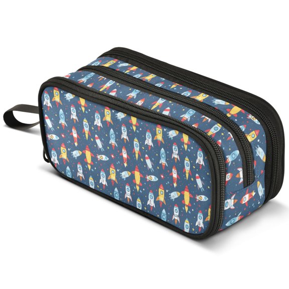 ALAZA Cartoon Rockets Ships Pencil Case Bag Large 3 Compartment Pen Pouch Holder Box Storage Organizer