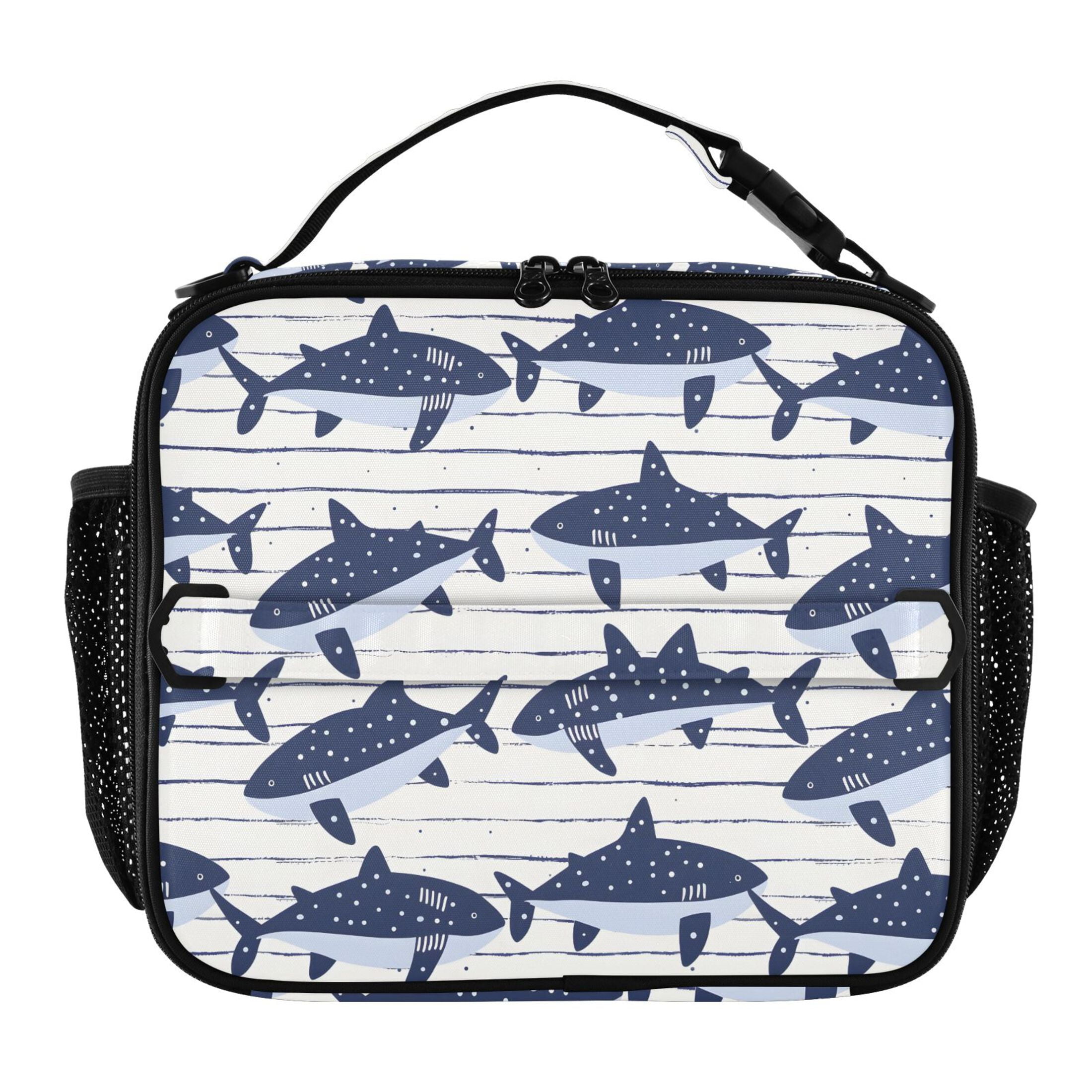ALAZA Cartoon Shark on Strips Lunch Box Insulated Lunch Bag Cooler Tote with Shoulder Strap