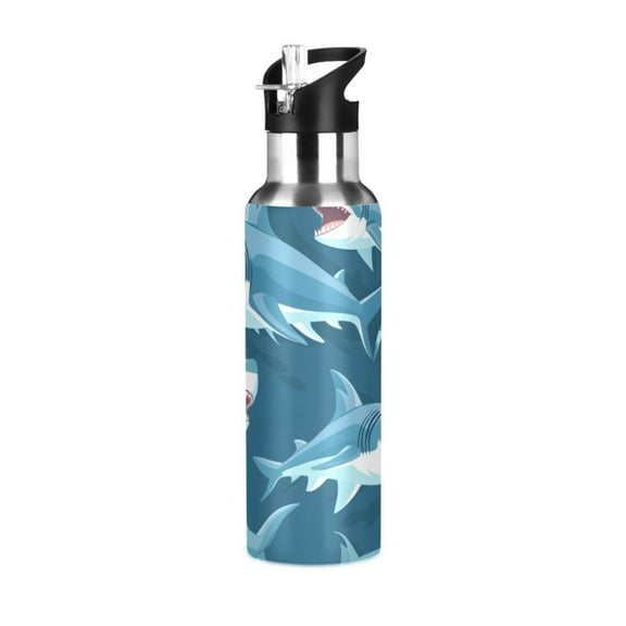 ALAZA Cartoon Sharks Water Bottle Insulated Flask Stainless Steel Straw Lid 20 oz