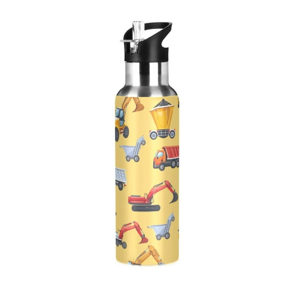ALAZA Cartoon Truck Cute Excavator Vehicle Water Bottle Insulated Flask Stainless Steel Straw Lid 20 oz
