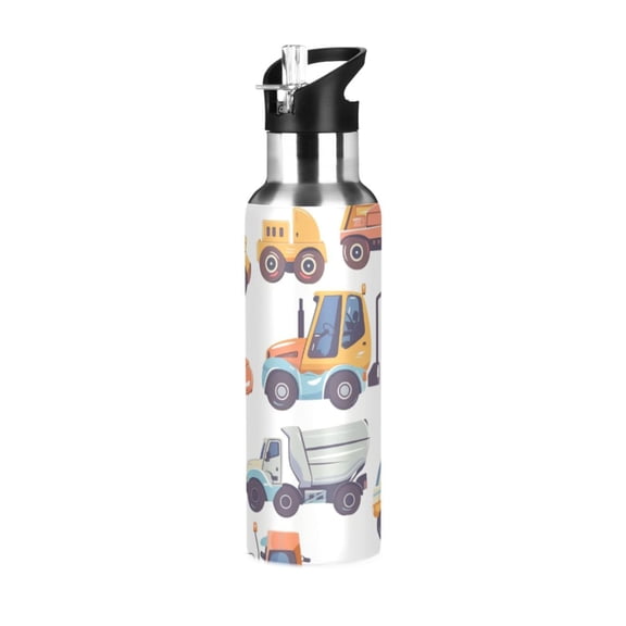 ALAZA Cartoon Truck Engineering Vehicle Water Bottle Insulated Flask Stainless Steel Straw Lid 20 oz