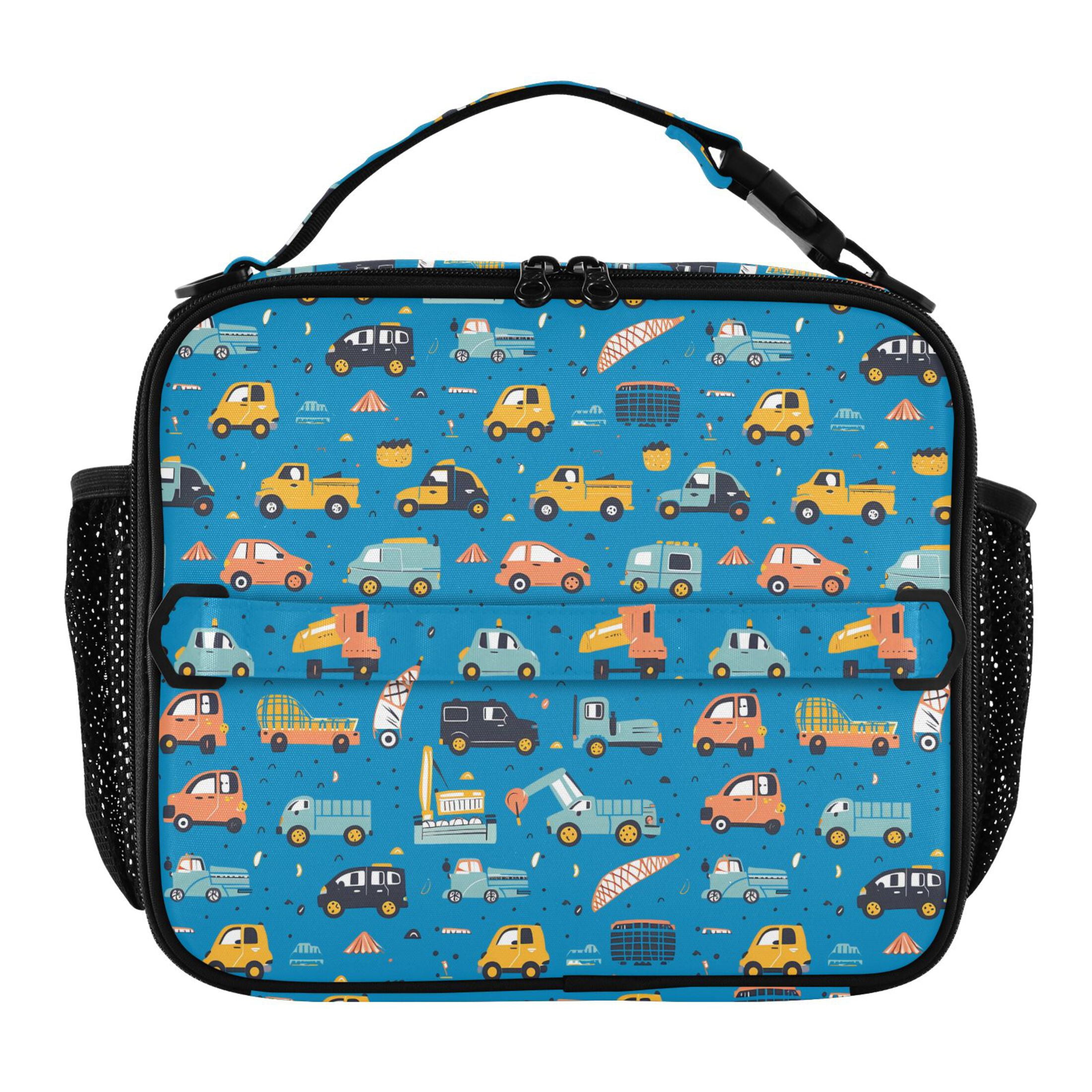 ALAZA Cartoon Trucks Cars on Blue Lunch Box Insulated Lunch Bag Cooler Tote with Shoulder Strap