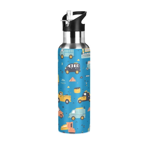 ALAZA Cartoon Trucks Cars on Blue Water Bottle Insulated Flask Stainless Steel Straw Lid 20 oz