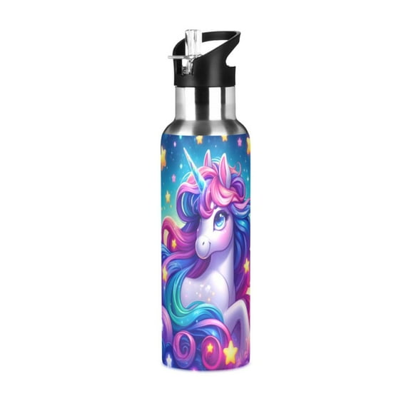 ALAZA Cartoon Unicorn Rainbow Stars Water Bottle Insulated Flask Stainless Steel Straw Lid 20 oz