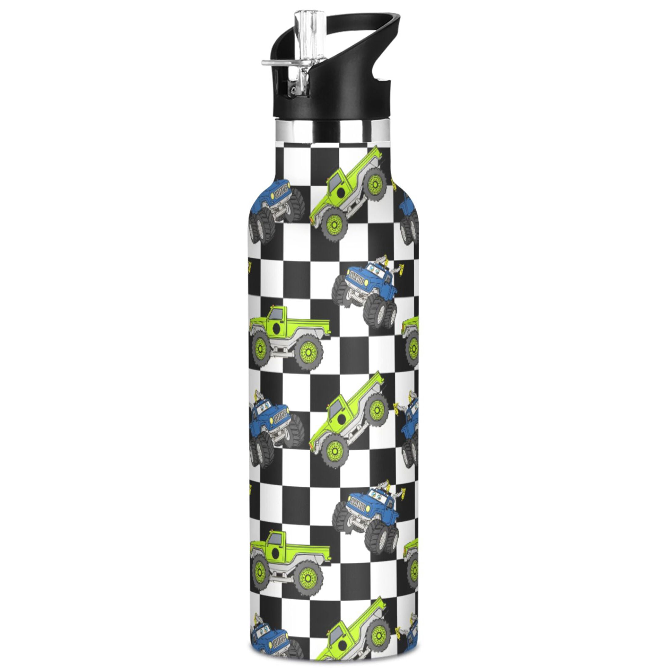 ALAZA Cartoon Vehicle Car Checkered Pattern Stainless Steel Water ...