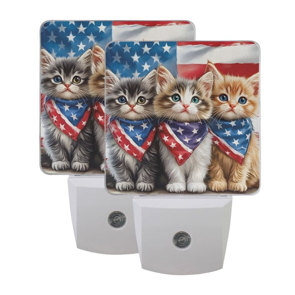 ALAZA Cat American Flag Night Lights 2 Pack Plug-in Wall LED Nightlight Auto Dusk-to-Dawn Sensor Lamps