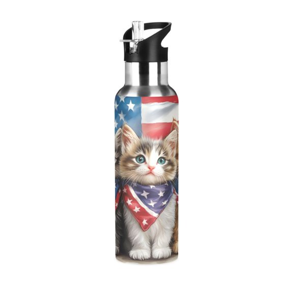 ALAZA Cat American Flag Water Bottle Insulated Flask Stainless Steel Straw Lid 20 oz