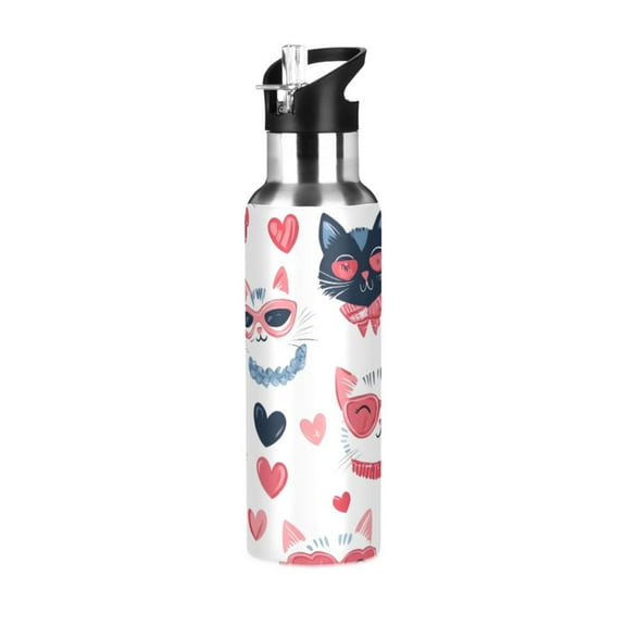 ALAZA Cat Cartoon Water Bottle Insulated Flask Stainless Steel Straw Lid 20 oz