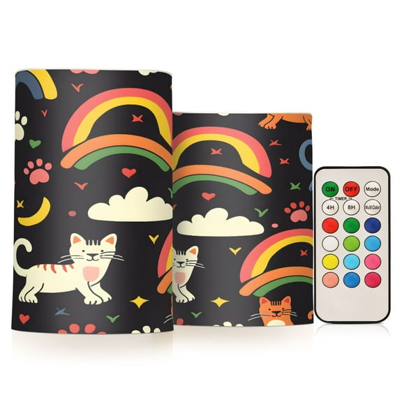 ALAZA Cat Paw Print Rainbow and Cloud 2 PCs LED Flickering Flameless Candles with Remote Timer Battery Operated Candle