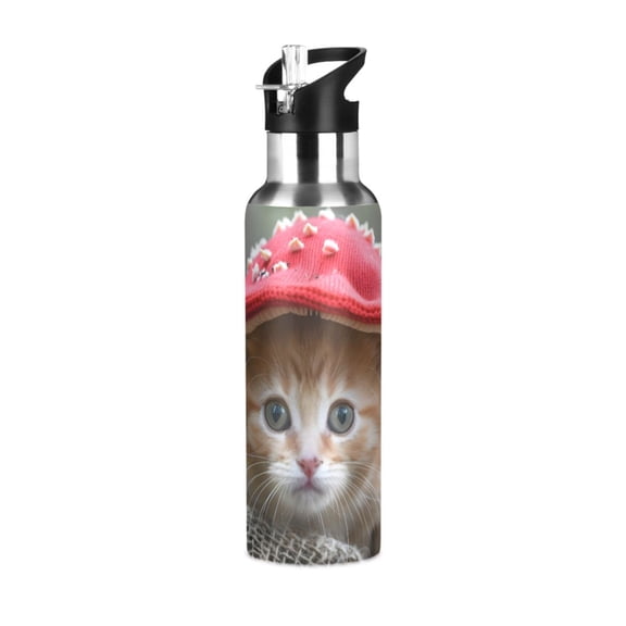 ALAZA Cat Wear Mushroom Hat Water Bottle Insulated Flask Stainless Steel Straw Lid 20 oz