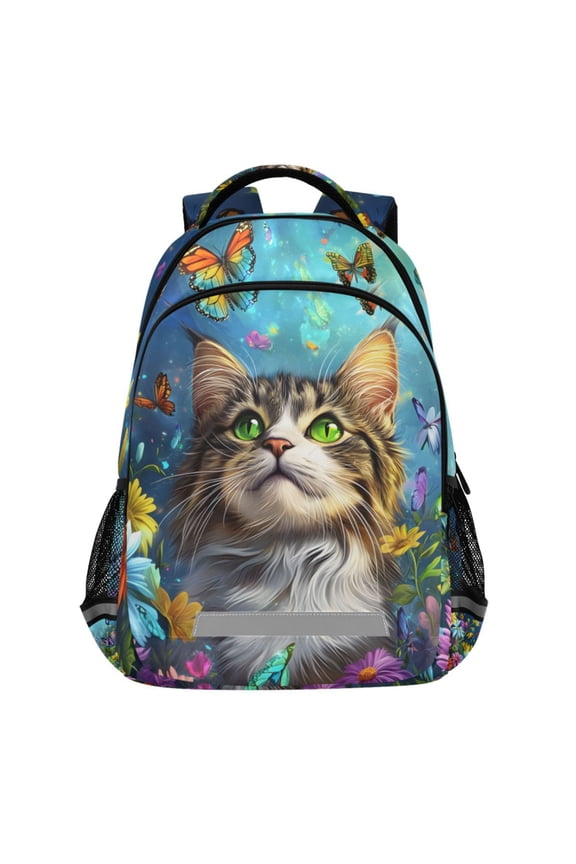 Cat in Butterfly Flowers Pattern Backpack Elementary School Bags Student Bookbag Travel Rucksack