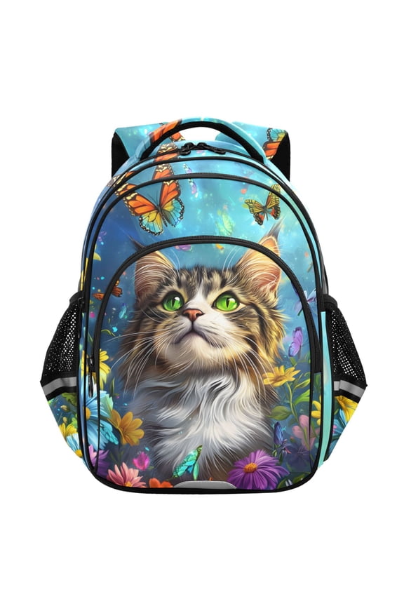 Cat in Butterfly Flowers School Backpack Elementary Bag Student Bookbag Travel Rucksack